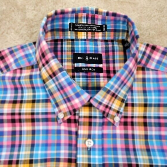 Bill & Blass Plaid Shirt Non Iron Button-Down Colorful Checkered Pattern Mens L - Picture 1 of 10